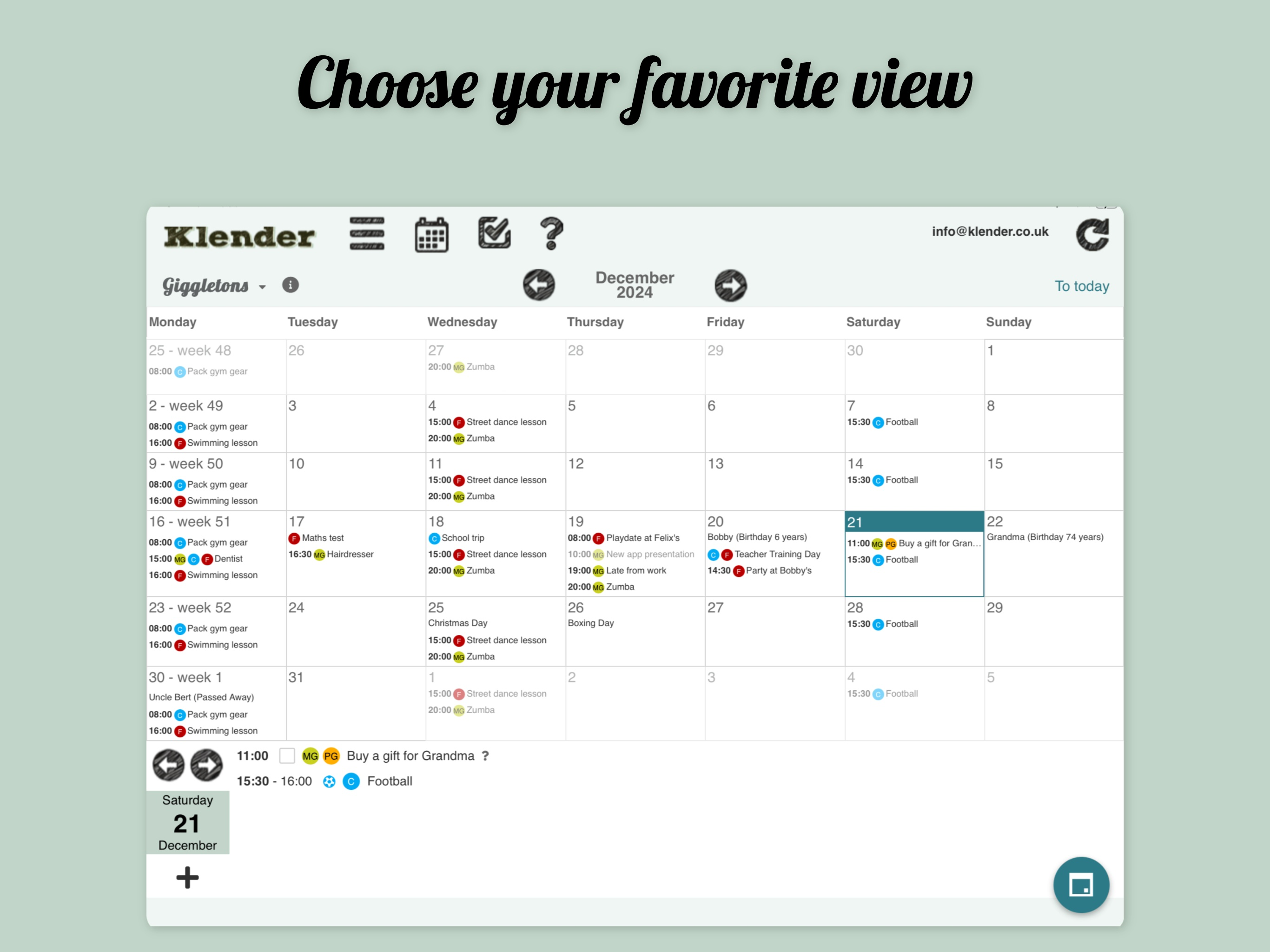 Klender, family calendar