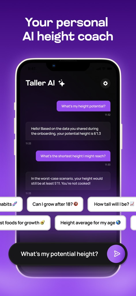 Taller - Maximize your height - This screenshot showcases the interactive chat interface with "Taller AI," allowing users to ask questions like "What's my height potential?" and receive personalized responses based on their data.