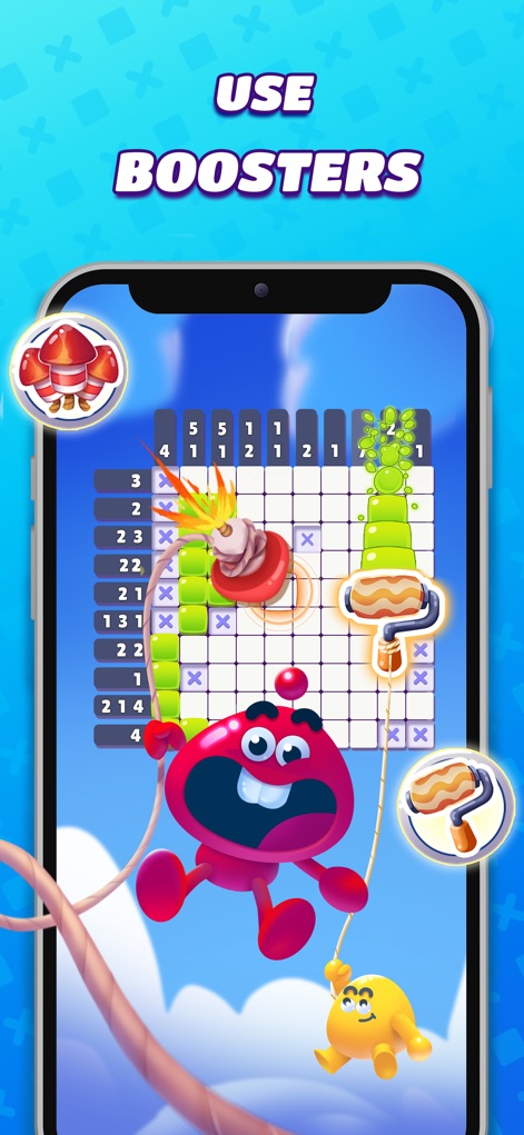 Nonogram Crossing Logic Puzzle - Para los desafíos más complejos, esta herramienta ofrece potenciadores como la bomba explosiva (X) y el rodillo para pintar (Y), facilitando la revelación de la imagen.