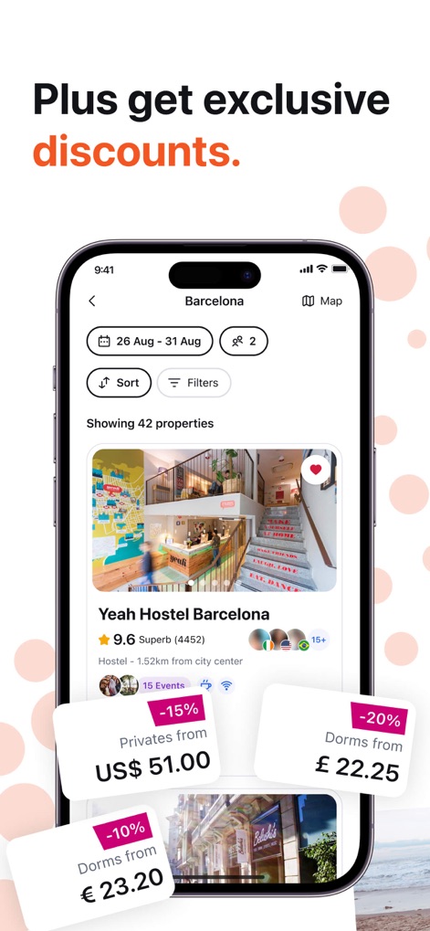 Hostelworld: Hostel Travel App - This tool presents hostel listings, such as "Yeah Hostel Barcelona" with its high rating, alongside enticing discount cards offering "Dorms from -10%" and "Privates from -15%" for budget-conscious travelers.