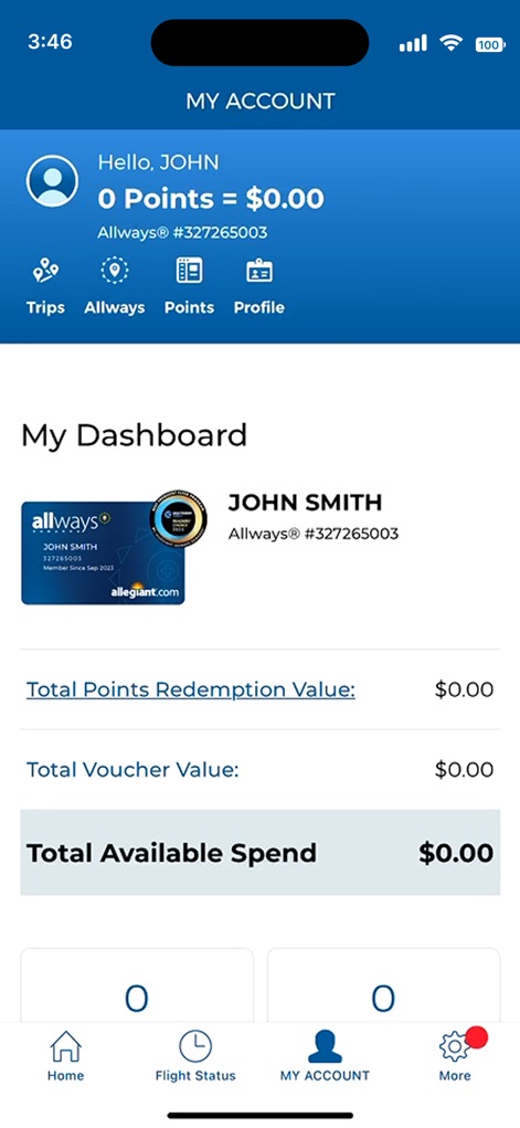 Allegiant - Users can efficiently manage their profile through "My Dashboard," viewing their "Allways points" and "Total Available Spend" at a glance.