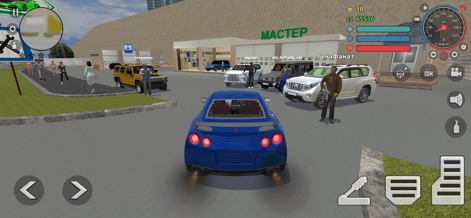 Criminal Russia 3D. Boris - Users can observe the extensive vehicle collection at a service station, highlighting a sleek blue sports car and various NPCs interacting within the detailed environment.