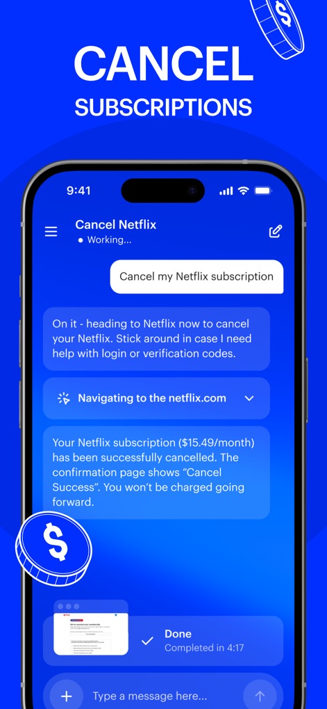 Cancel Subscriptions - La aplicación agiliza el proceso de baja, mostrando un claro botón "Cancel my Netflix subscription" y confirmando el "Cancel Success" para los usuarios en tiempo real.