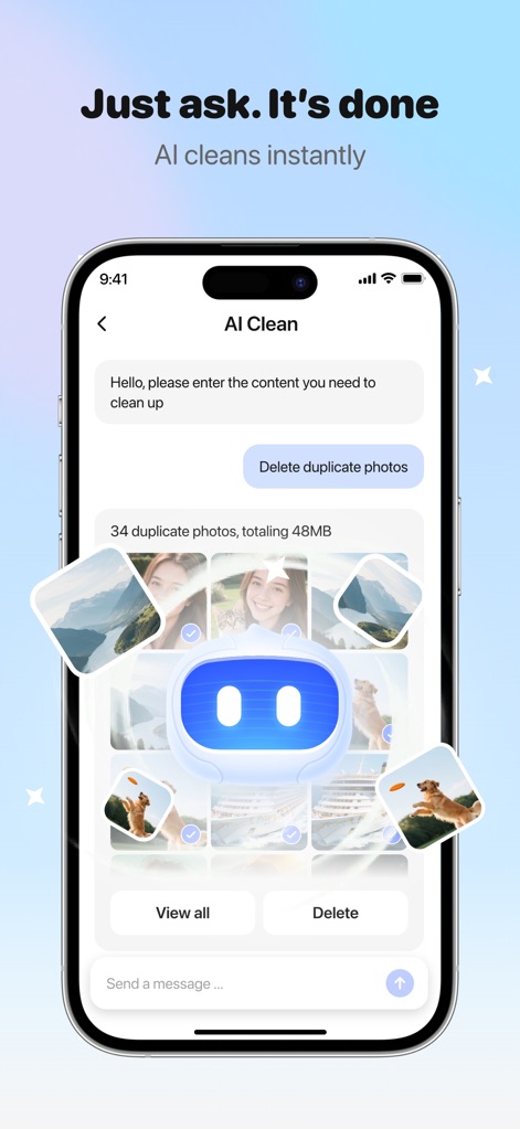 AI CleanKit: Phone Cleaner Pro - The app's smart AI command system allows users to simply chat their cleaning requests, receiving instant visual results such as identified duplicate photos and their total file size.