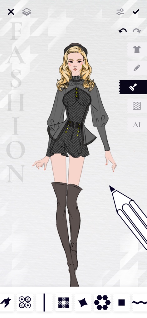 Fashion Design Sketches: Style - The app provides an intuitive drawing experience, highlighted by a large pencil icon, alongside a diverse bottom toolbar offering various brush and styling tools for precise artistic expression.