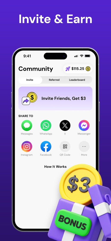 Pawns.app: Money Making App - Discover the referral program, which offers a generous "$3" bonus for inviting friends, easily shareable through various social media icons like "WhatsApp" and "Instagram".