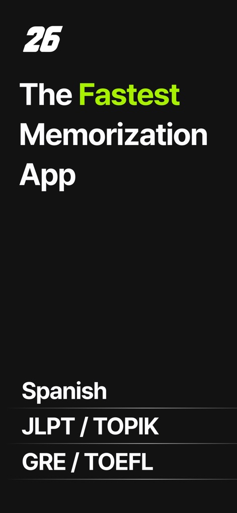 26s: Visual Spanish Vocabulary - L'application 26s se présente comme un outil de mémorisation rapide, mettant en avant le titre "The Fastest Memorization App" et la sélection de "Spanish" parmi les langues disponibles pour un apprentissage ciblé.