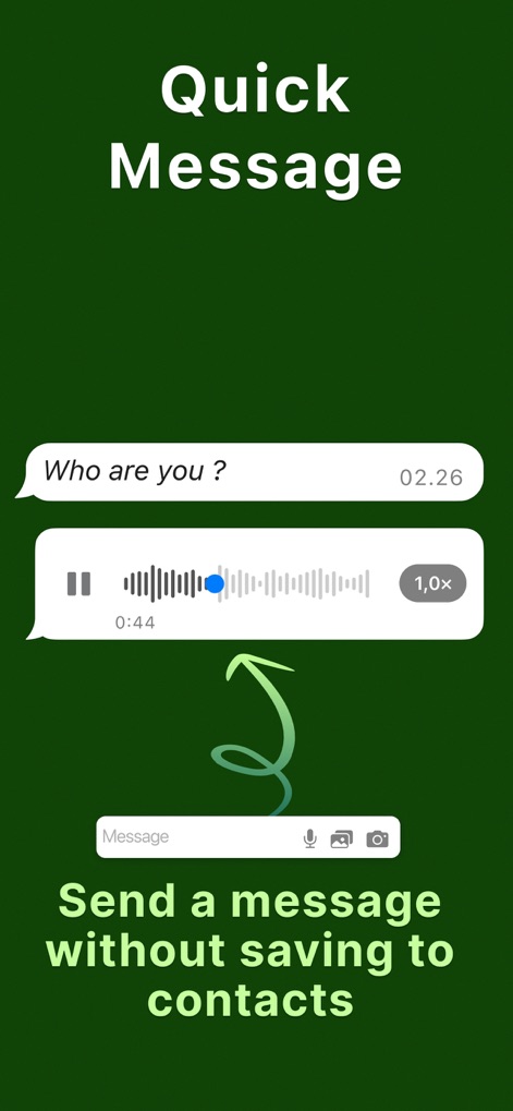 Recover Deleted Message - WARB - Esta función permite enviar mensajes de forma rápida sin guardar contactos, como lo demuestra el texto "Send a message without saving to contacts" y el campo de entrada del mensaje con iconos de multimedia.