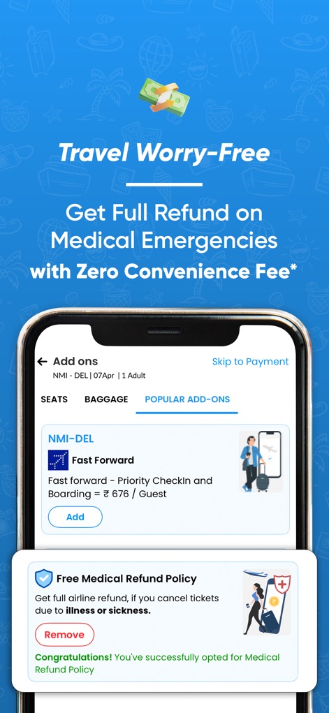 EaseMyTrip Flight, Hotel, Bus - Observe the booking "Add ons" section, which includes a crucial "Free Medical Refund Policy" to provide users with peace of mind.