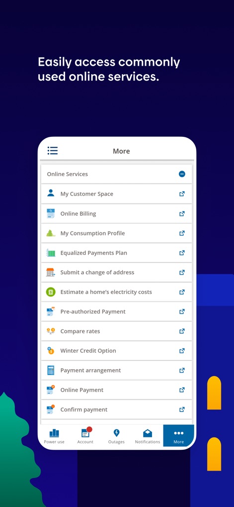 Hydro-Québec - Un menu complet donne accès à un éventail de services en ligne complémentaires, incluant la gestion du profil de consommation et les options de contact.