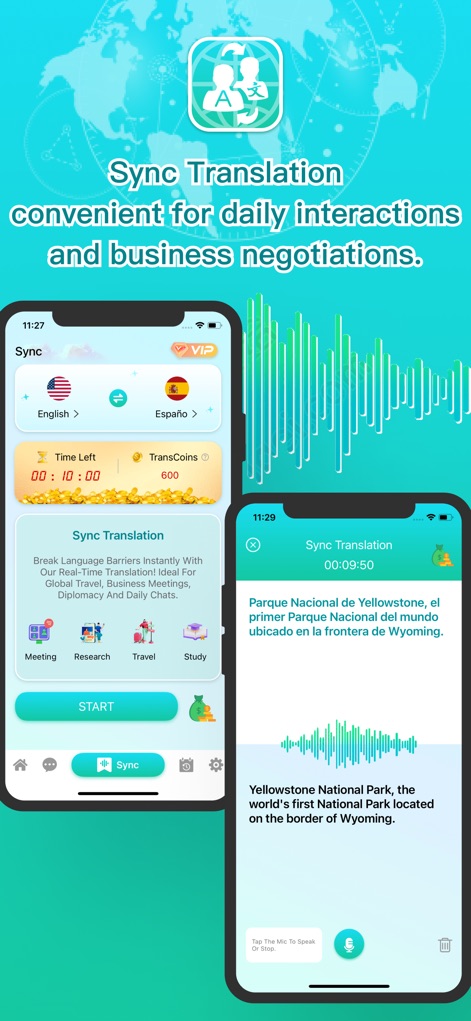 Live Translator:AI Translate - Delve into Live Translator:AI Translate's advanced Sync Translation feature, demonstrating its customizable modes for various scenarios and real-time display of audio waveforms alongside translated content.
