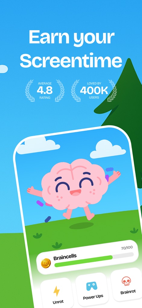 Unrot: Earn your Screen Time - Users can observe the app's overall design, featuring a charming brain mascot and the intuitive 'Braincells' progress meter that tracks mental energy.
