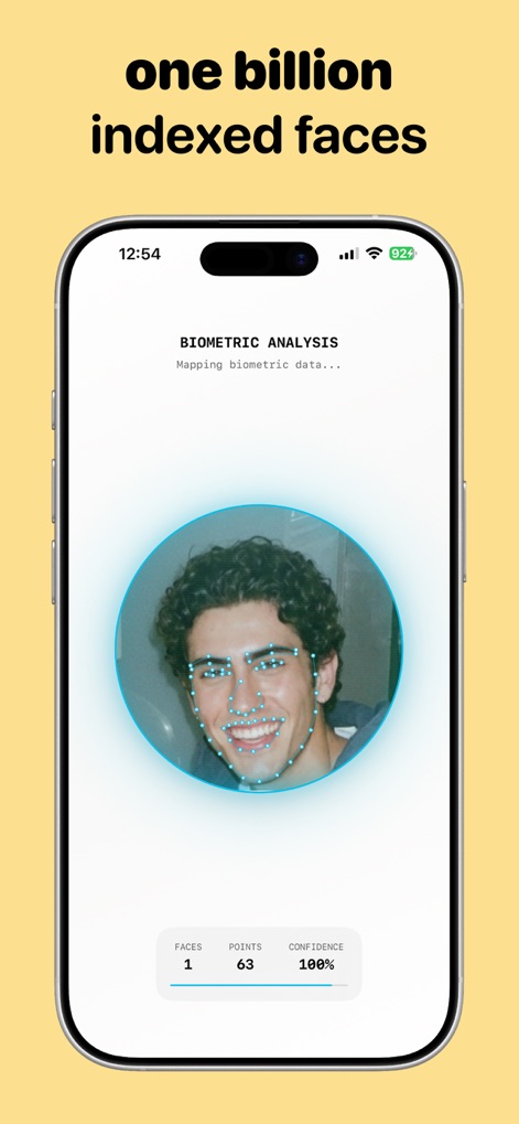 Sherlock: AI Face Search - Users can observe detailed biometric analysis, where numerous facial points are mapped to determine identity with a high confidence score.