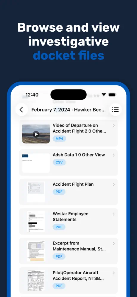 App Store screenshot showing docket documents inside a report detail view.