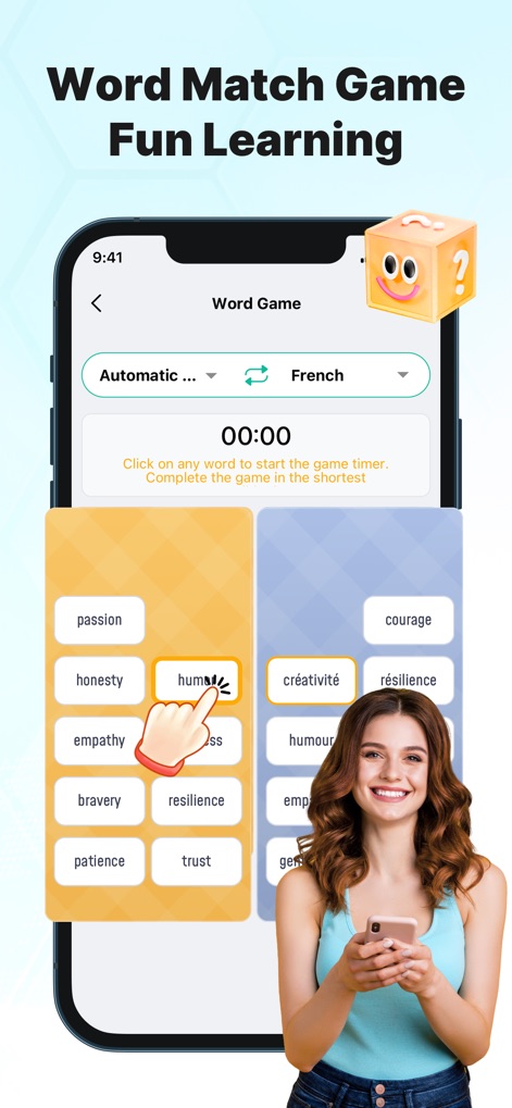 Now Translate - AI Translator - 이 앱은 "Word Game" 화면에서 "humor"와 "humour"를 매칭하는 단어 연결 게임을 통해 사용자의 언어 학습을 돕고, 게임 타이머와 시각적인 손가락 제스처로 인터랙티브한 학습 경험을 제공합니다.