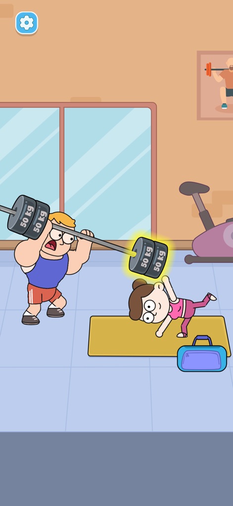 Death Puzzle - Examine the unfortunate gym catastrophe where heavy weights accidentally fall during a workout, nearly striking a yoga practitioner in a humorous, exaggerated style.