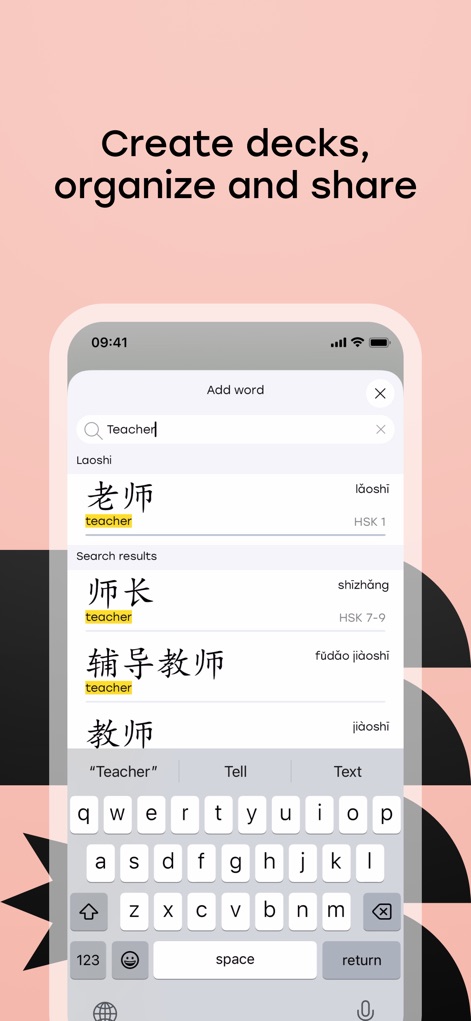 Laoshi: Learn Chinese & HSK - Das Tool erlaubt es Nutzern, eigene Lernkarten-Decks zu erstellen und zu organisieren, indem Wörter wie '老师' einfach hinzugefügt und in der Suchleiste verwaltet werden können.