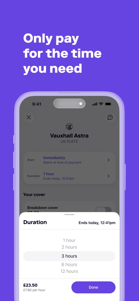 Cuvva - View the intuitive duration selection modal, allowing users to precisely choose cover from 1 hour to 12 hours, with the current price displayed below.