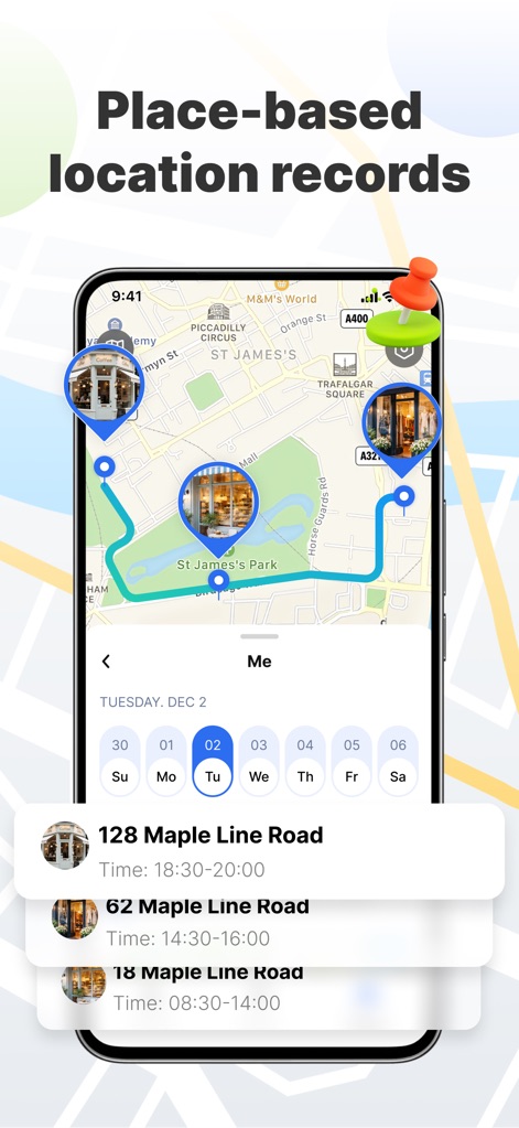 Phone Tracker: Find Family - La herramienta presenta un historial detallado de lugares visitados, visible en una línea de tiempo y en el mapa, permitiendo a los usuarios revisar las rutas y los tiempos de permanencia en ubicaciones específicas para una visión clara de las rutinas diarias.