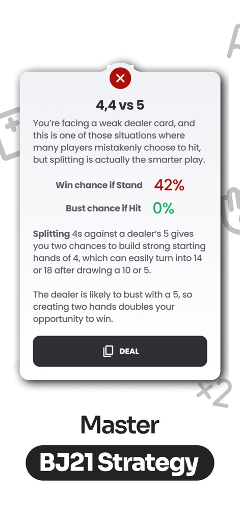 21 Blackjack Strategy Trainer - Esta tela demonstra a análise aprofundada do aplicativo, mostrando estatísticas de probabilidade como 'Win chance if Stand 42%' e uma explicação textual detalhada para cada decisão estratégica.