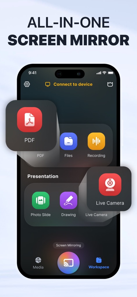 Screen Mirroring・TV Cast View - The app offers an "All-in-One Screen Mirror" solution, providing a dedicated workspace with specific options for casting "PDF" documents and "Live Camera" feeds.
