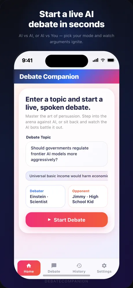 Debate Companion topic and persona selection screen