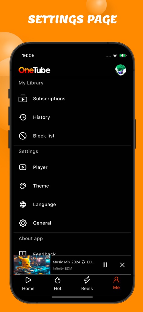 OneTube: Music & Video Player - Customize the app experience via the Settings page, offering options to manage 'My Library' content and adjust 'Player' and 'Theme' preferences.