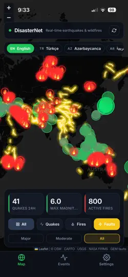 Capture d'écran de DisasterNet — Quakes & Fires sur iPhone 1