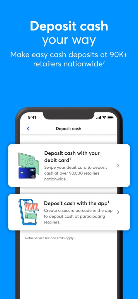GO2bank: Mobile banking - This screen outlines convenient cash deposit methods, including using the debit card and generating a secure in-app barcode for retailers.