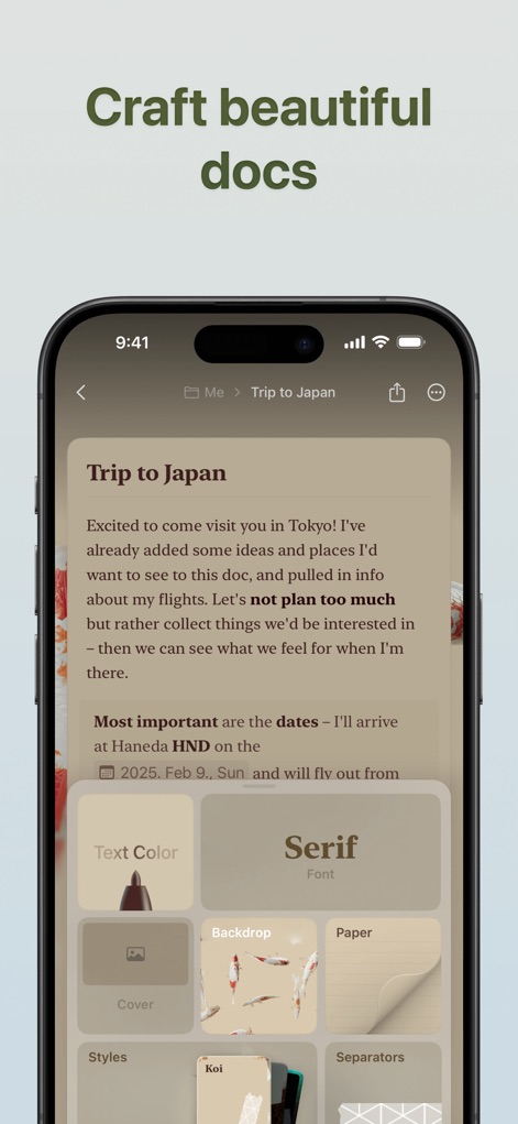 Craft: Notes, Documents, AI - L'application propose des options de personnalisation esthétiques pour les documents, allant de la sélection de "Text Color" et de "Serif Font" à l'application de fonds d'écran thématiques tels que le "Koi Backdrop".