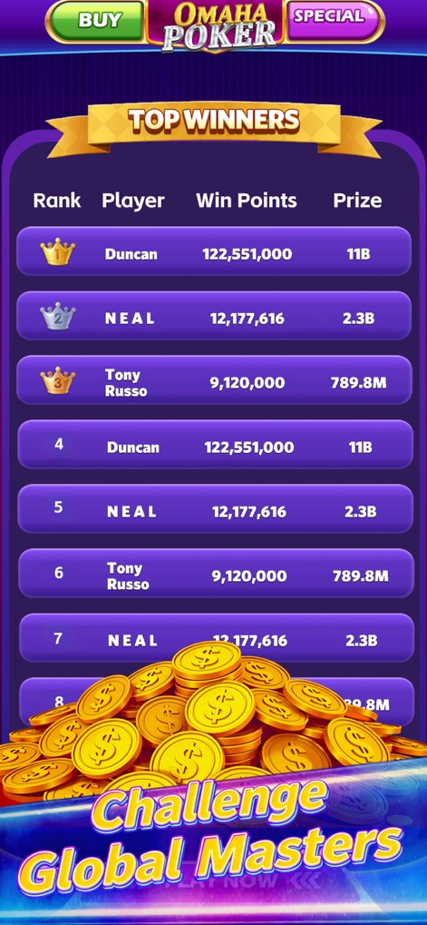 Omaha Poker™- Unlimited Play - 이 앱은 'TOP WINNERS' 리더보드를 통해 사용자 간의 경쟁을 유도하며, '상위 랭크'와 '획득 상금' 정보를 명확하게 표시하여 도전을 장려합니다.