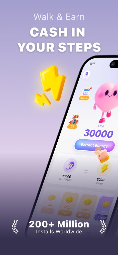 WalkPay: Walk & Earn Rewards - The app clearly displays the user's current step count and a distinctive "Extract Energy" button, illustrating how physical activity translates into valuable rewards.