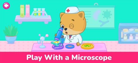 Kids Doctor Games: Hospital 3+ - Dieser Screenshot zeigt einen Arzt-Charakter, der durch ein Mikroskop blickt, um Proben in Petrischalen zu untersuchen und so das Interesse an wissenschaftlichen Experimenten zu wecken.