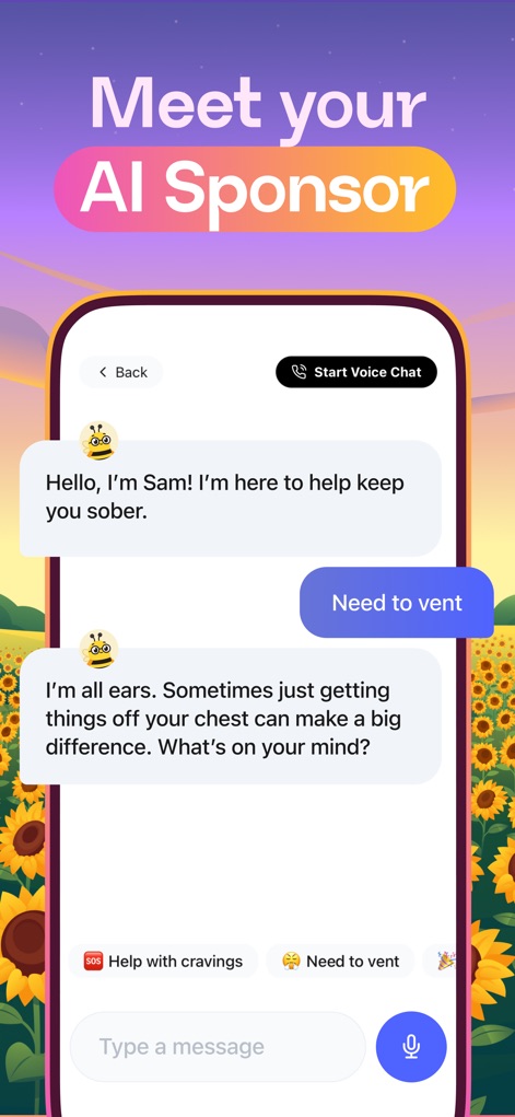 Sunflower - Quit Any Addiction - Discover the AI Sponsor feature, allowing users to engage in a supportive chat or initiate a voice conversation with Sam.