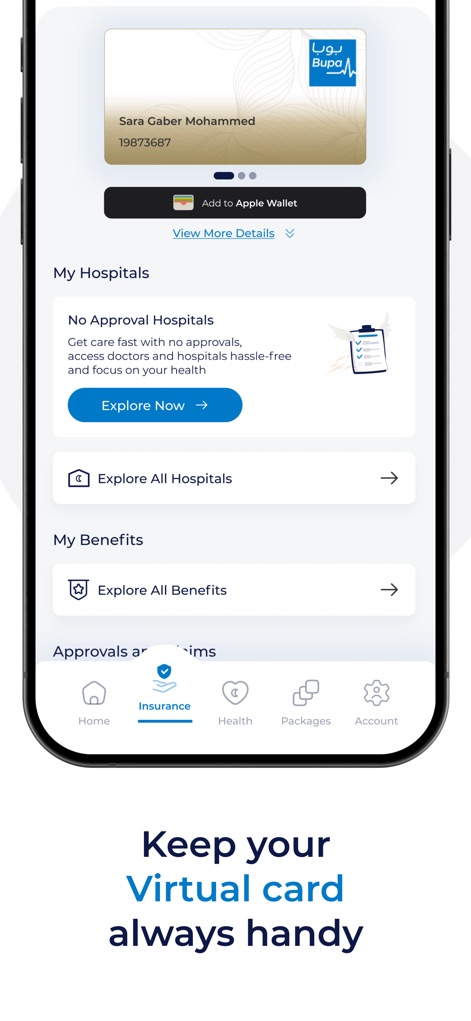 Bupa بوبا - The app provides instant access to a virtual insurance card and a quick route to explore approved hospitals.