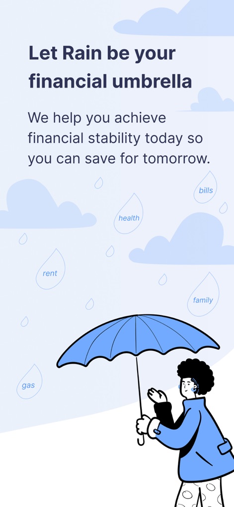Rain Instant Pay - This screenshot uses the 'financial umbrella' metaphor to convey comprehensive support, illustrating protection from various expenses like 'rent' and 'bills'.