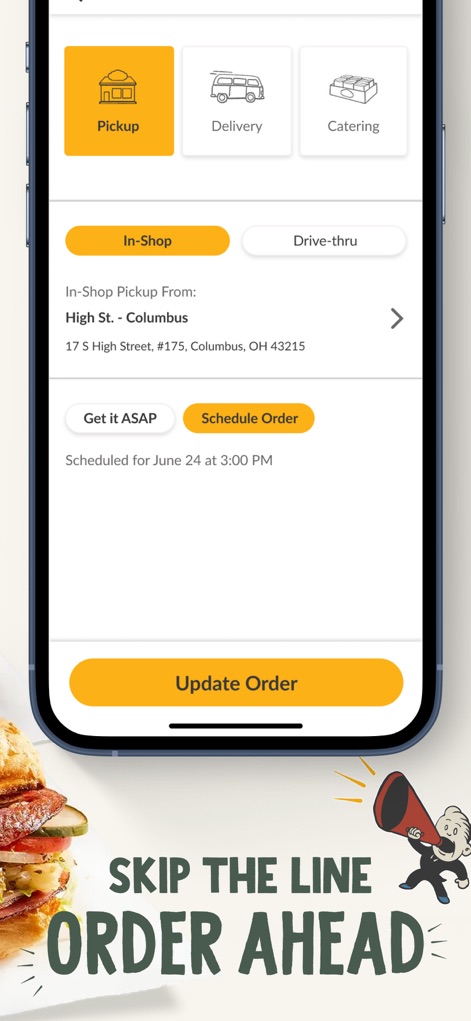 Potbelly Sandwich Works - Users can effortlessly select their preferred service, whether it's 'Pickup', 'Delivery', or 'Catering', and conveniently utilize the 'Schedule Order' feature for future convenience.
