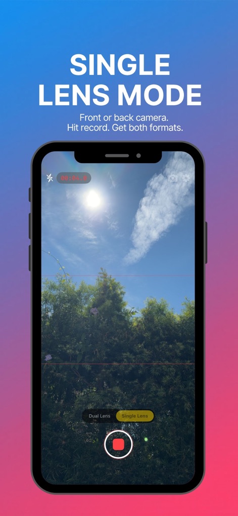 DualShot Recorder - Explore the flexibility of the single lens mode, allowing users to effortlessly capture content while clearly displaying the recording timer.