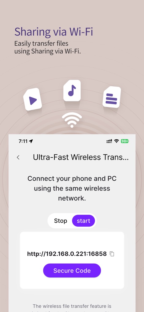 KMPlayer - Os usuários podem realizar transferências de arquivos de forma eficiente e sem fios, utilizando um endereço IP local para acesso direto pelo navegador e um botão 'Start' claramente visível para iniciar o processo de compartilhamento.