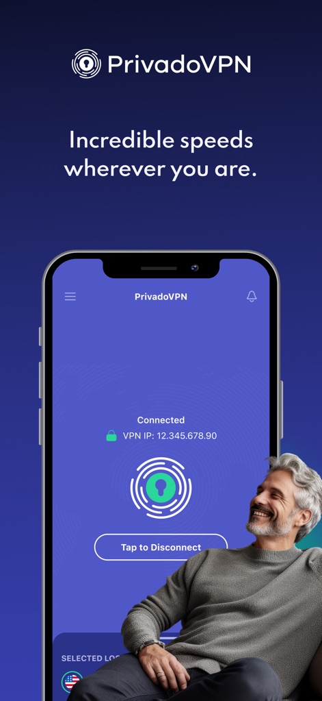 PrivadoVPN Fast VPN and Proxy - A tela de conexão confirma o status "Connected" com um cadeado verde de segurança e exibe o "VPN IP: 12.345.678.90", garantindo a privacidade da navegação.