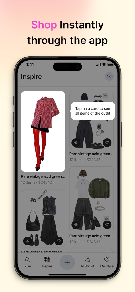 Dressly: AI Outfit Stylist - This section allows users to browse and discover clothing items, with a clear instruction to "Tap on a card" to view individual outfit components and a prominent "Inspire" navigation tab.