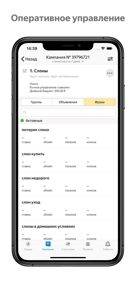Ads Manager 2024 - Gli utenti possono navigare tra le diverse sezioni di una campagna, come evidenziato dalla "Campagna N° 39796721" e visualizzare e gestire le "Frasi" chiave associate.