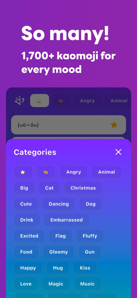 Kaomoji – Kawaii Emoji App - O aplicativo apresenta uma impressionante variedade de kaomojis, organizados em "Categorias" acessíveis, permitindo aos usuários explorar mais de "1.700+ kaomojis" para qualquer emoção.