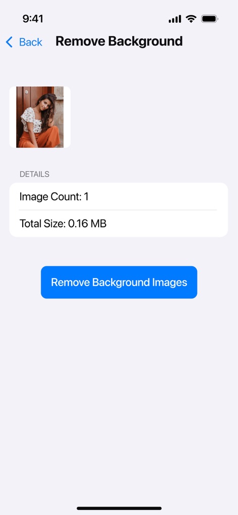 Compress Photos, Resize Image - This feature’s interface clearly indicates the 'Image Count' for background processing and prompts users with a prominent 'Remove Background Images' button to initiate the action.