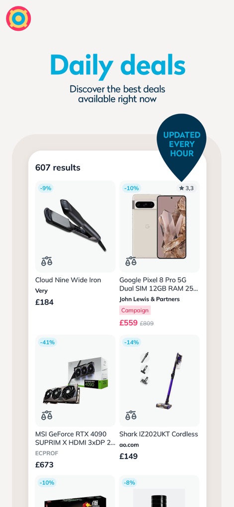 PriceSpy: Compare & save money - Uncover a dynamic grid of discounted products, enhanced by the 'UPDATED EVERY HOUR' badge, ensuring users never miss new offers.