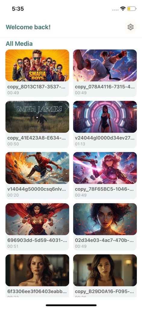 Tubidy FM : Music, Song Player - This screen welcomes users back to a unified media view, presenting content in a clean grid layout alongside a convenient settings cog icon for personalization.