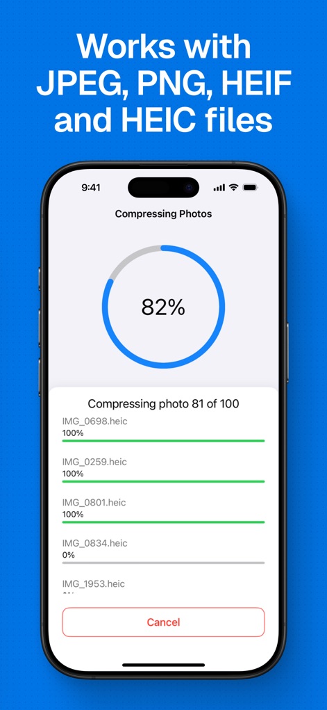 Compress Photos & Pictures - Users can monitor the compression process with a clear percentage indicator and observe individual file progress bars as multiple images are efficiently processed.