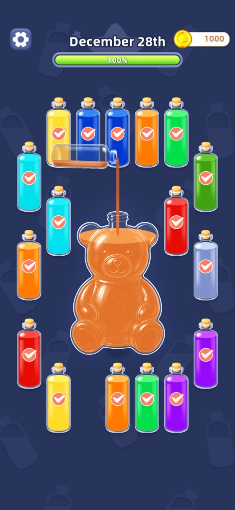 Water Jam Sort - Match Puzzle - View a completed daily puzzle, where the bear-shaped bottle is filled with a single color, illustrating the satisfying outcome of successfully sorting all vibrant liquids.
