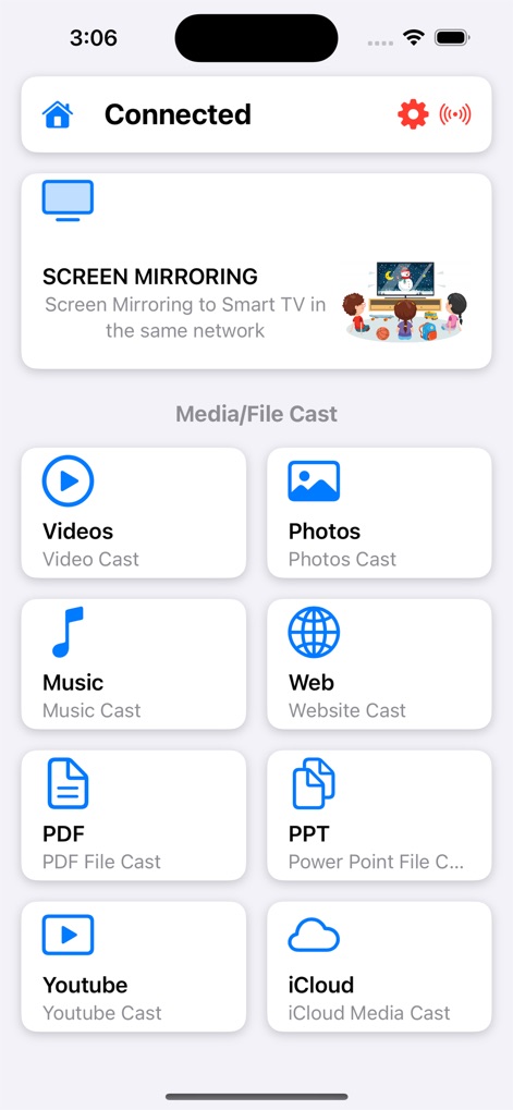 AirScreen Cast - L'interfaccia principale offre un'ampia varietà di contenuti da trasmettere, dalle sezioni dedicate a Video e Foto, alle opzioni per documenti come PDF e PPT.
