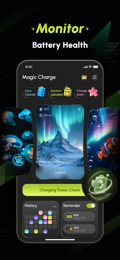 Blanko: Live Wallpaper - The app's intuitive dashboard offers quick access to "Care Tutorial" and "Charging Power Check" for comprehensive device management.
